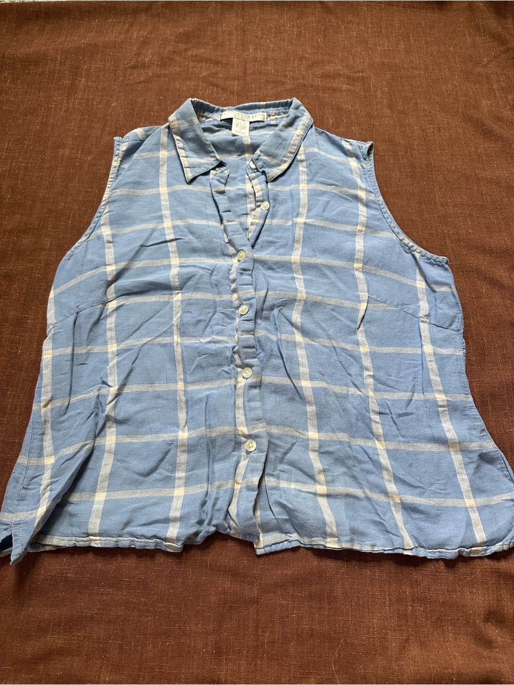 Geoffrey Beene Light Blue and White Sleeveless Plaid Button-Down